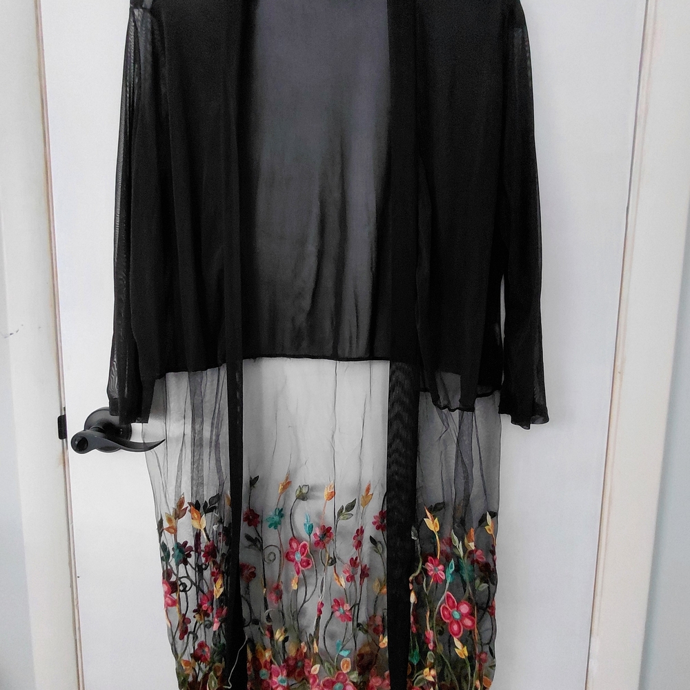 Floral Embroidered Black Sheer Kimono